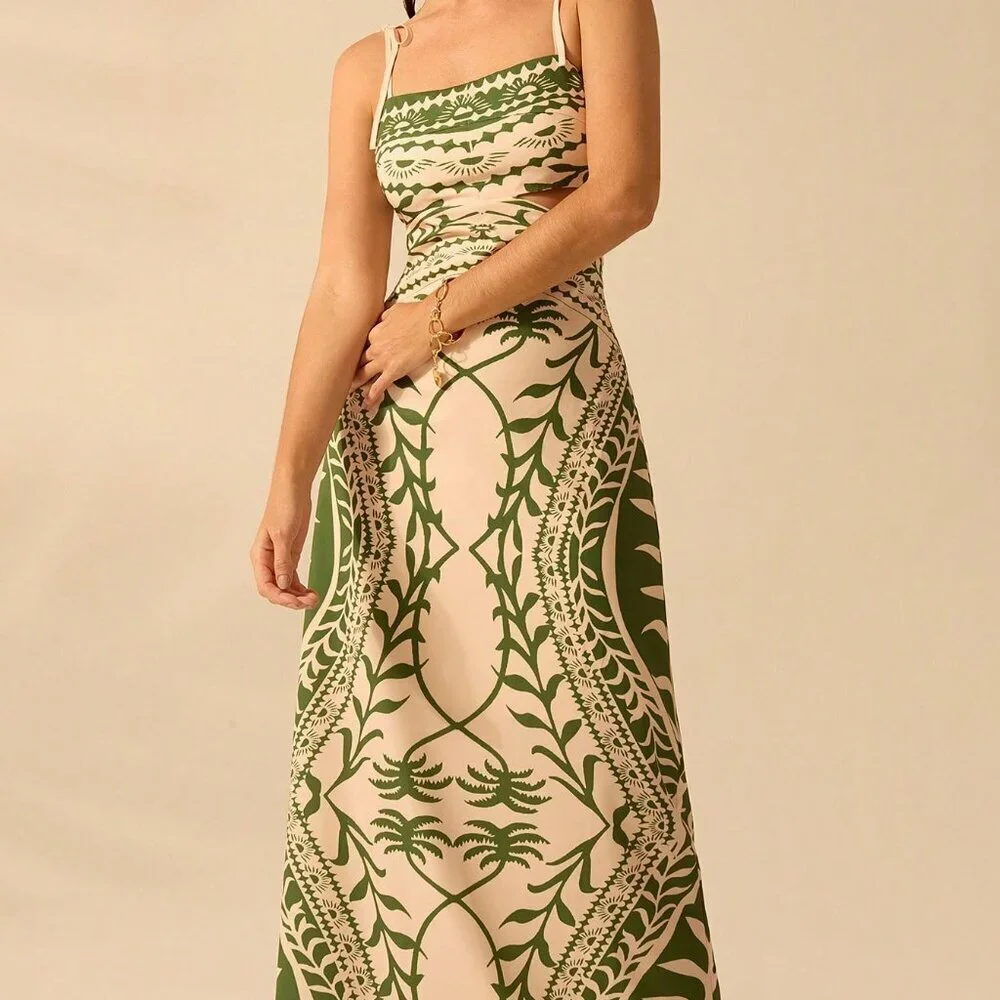 Green Boho Women's Coconut Print Hollow Waist Back Binding Sleeveless Dress